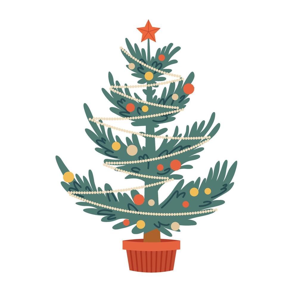 New Year's tree in pot. Holiday Christmas tree with balls and beads in retro style. illustration vector