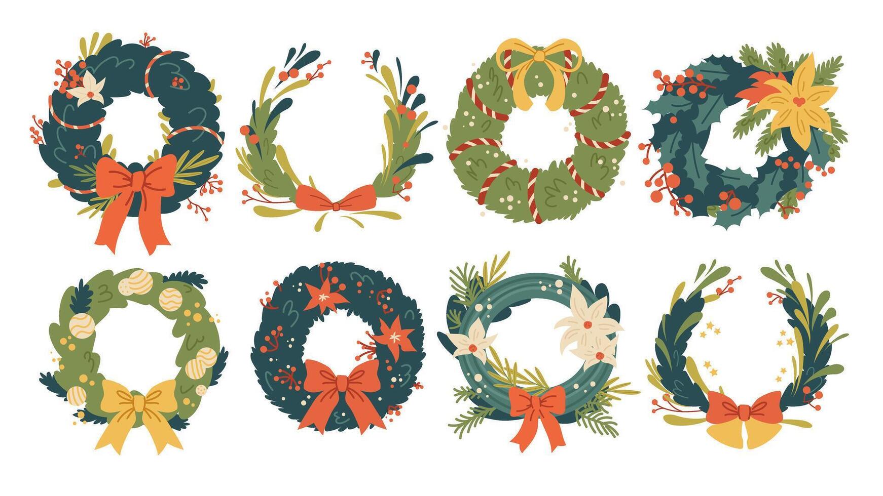 Set of flat Christmas wreaths made of spruce branches and holly. New Year coniferous wreaths with ribbons, bells, Christmas tree toys. elements vector