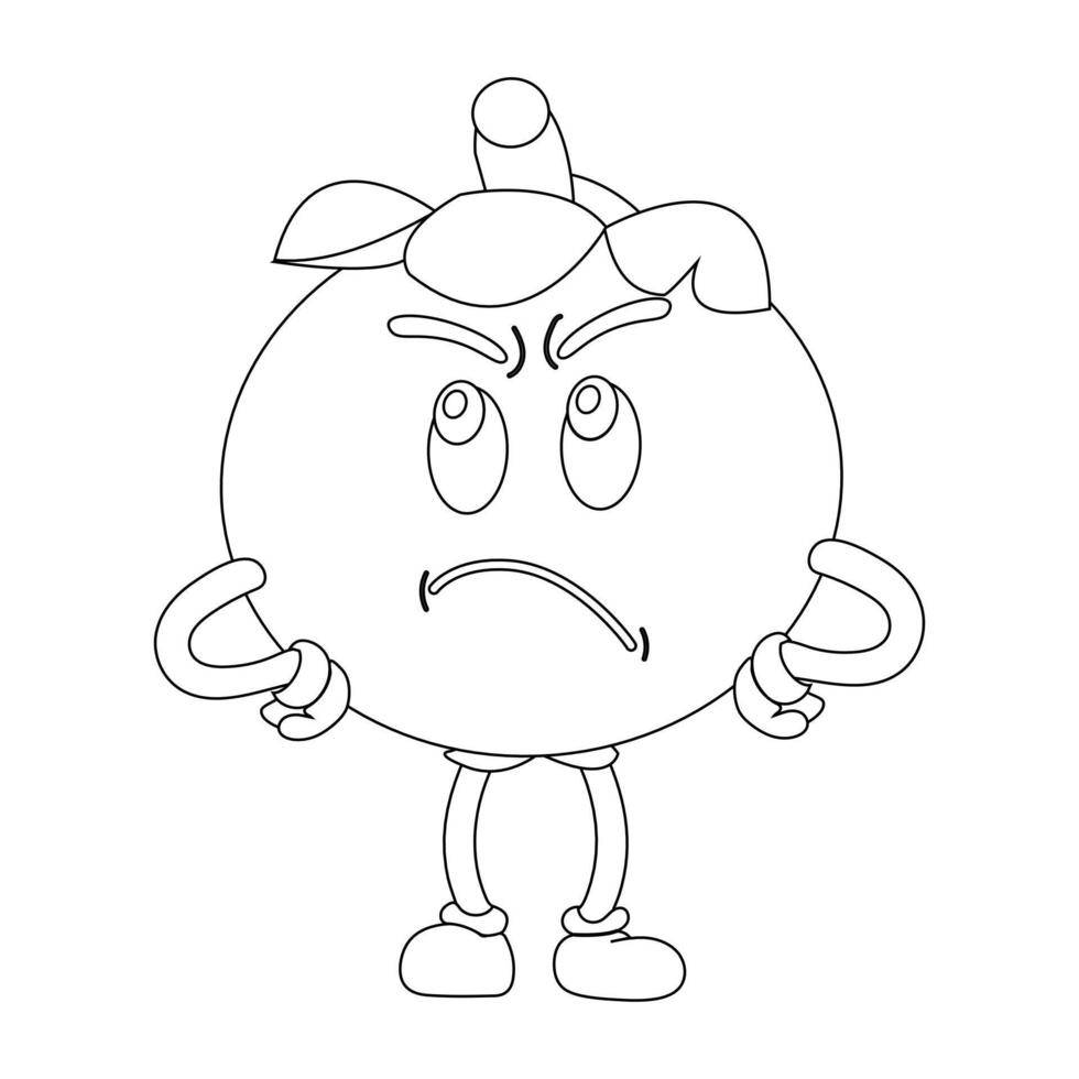 Cute Mangosteen Fruit Cartoon in Action for Coloring. Angry mangosteen mascot vector