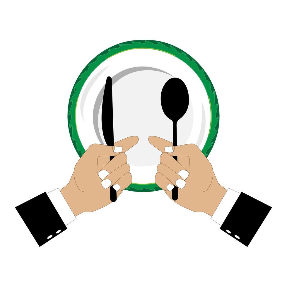 Illustration shows an empty plate and a hand holding a fork, spoon and knife. Person holding cutlery. Concept representing food shortage, hunger. Flat design vector