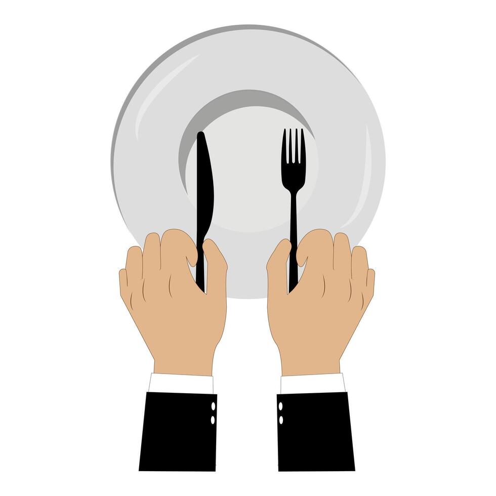 Black and White Cutlery in Hands on a Plate Design vector
