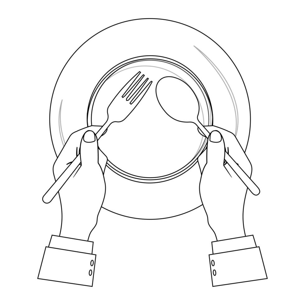 Hands Holding Cutlery and Plate Line Art for Coloring vector