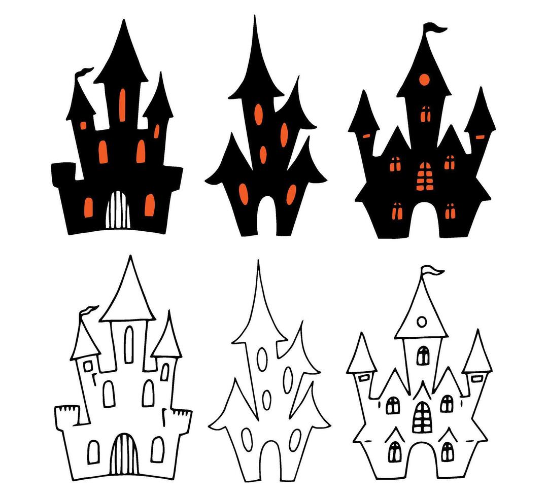 Set of haunted house silhouettes. Black and orange outline drawing for Halloween. Hand drawn graphic clipart. Line sketch of mansion for creepy decor and invitation design. Simple Doodle style vector