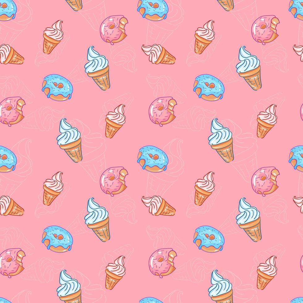 Cute seamless pattern dessert ice cream and donut on pink background. Doodle linen style, bright pink and blue color style, baby design boy and girl. vector