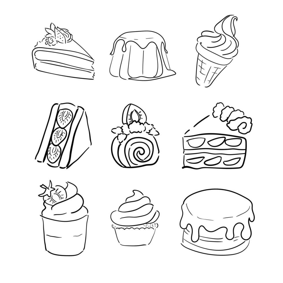 set of line dessert icons. Editable Stroke. Includes popular sweet dishes pie, cake, cookies and ice cream. pancakes, milkshake, pudding and yogurt, biscuit, honey, jam, pudding. vector