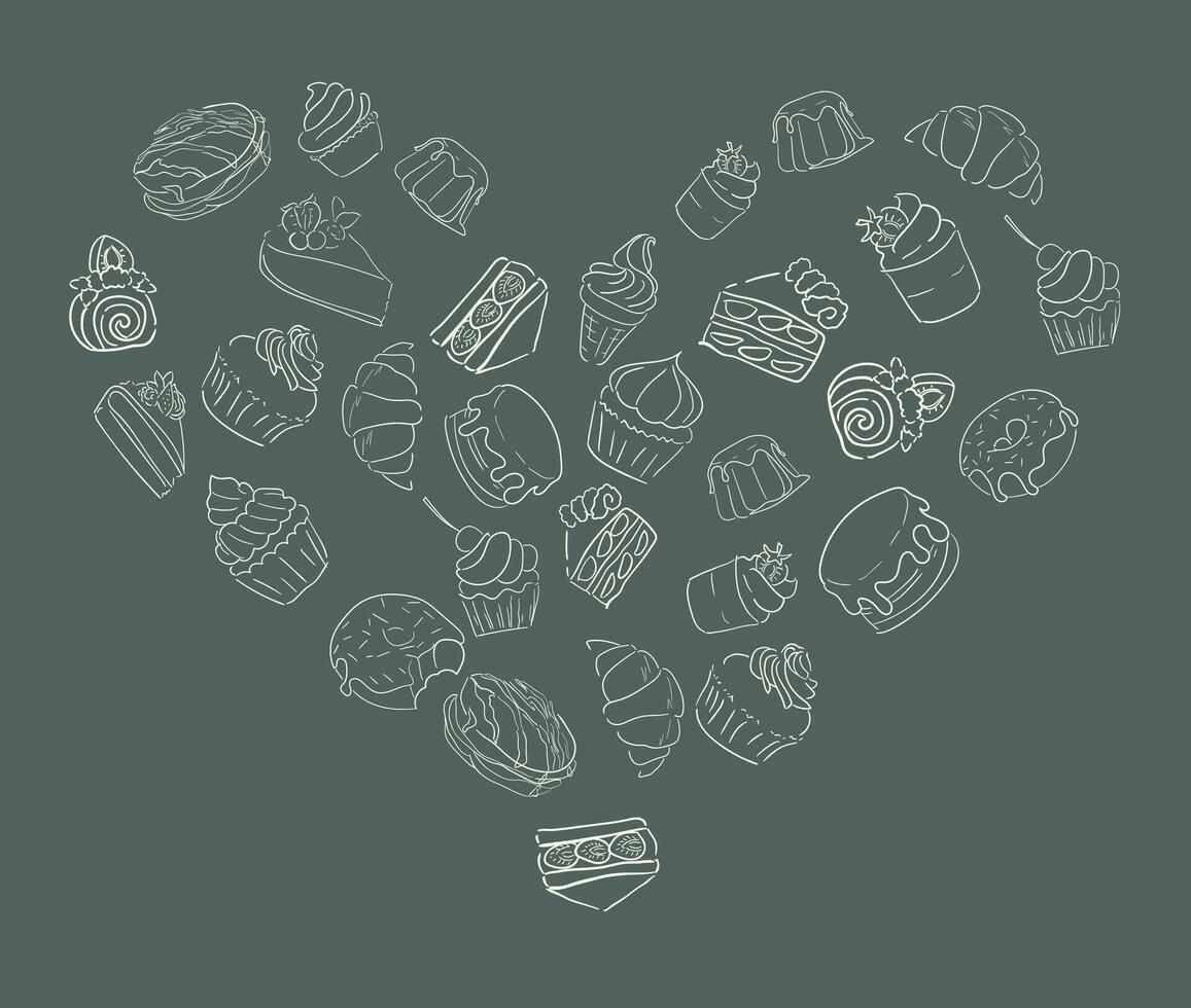 heart shape line desserts illustration. valentines day cute hand drawn bakeries. Line art white elements for print or books with recipes. vector