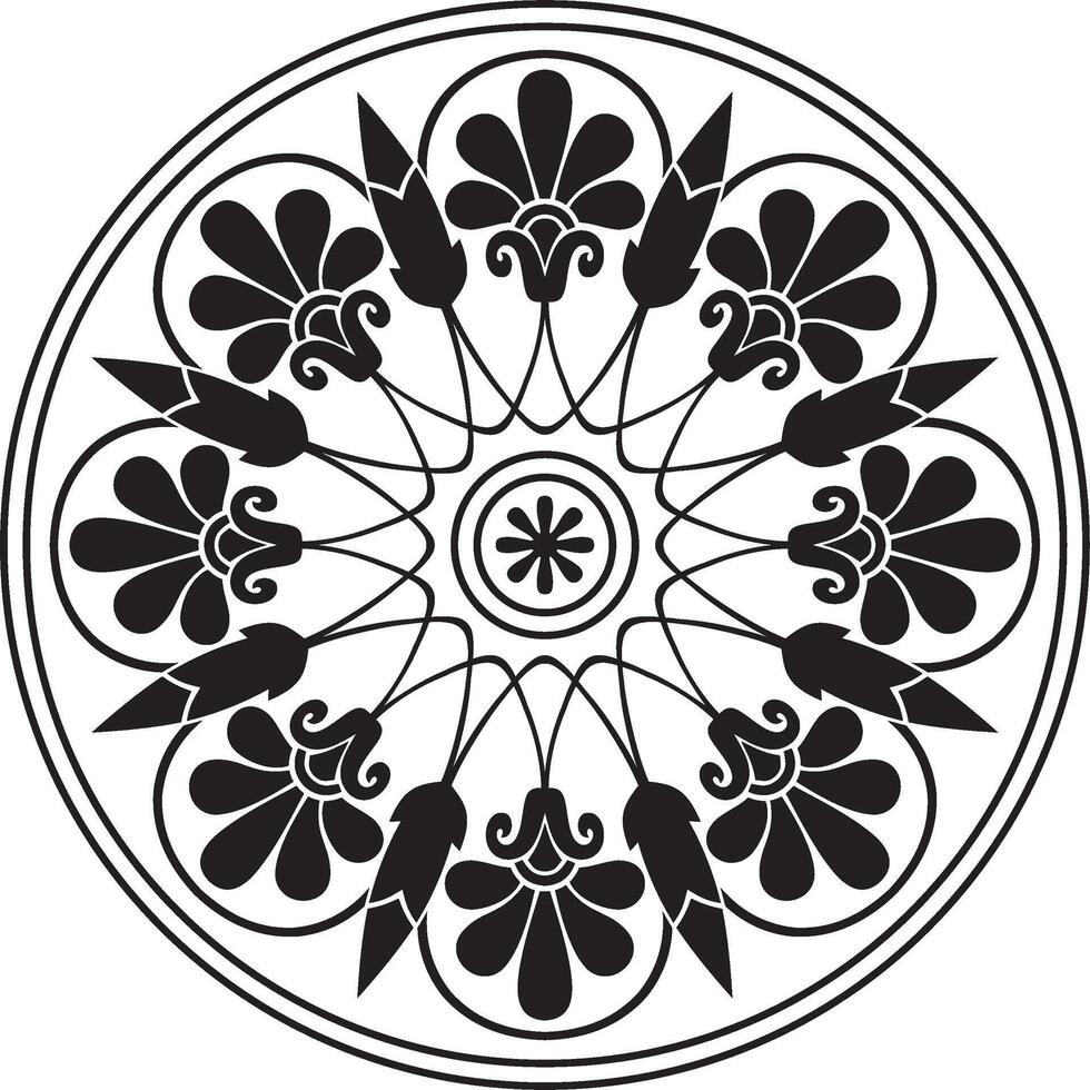 black monochrome classic Greek round ornament. Circle of Ancient Greece and the Roman Empire. Byzantine painting of walls, floors and ceilings. Decoration of European palaces. vector