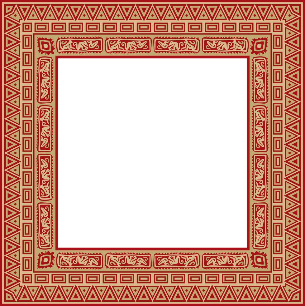 red and gold native american folk ornament. Square border, frame of the peoples of America, Aztec, Incas, Maya vector