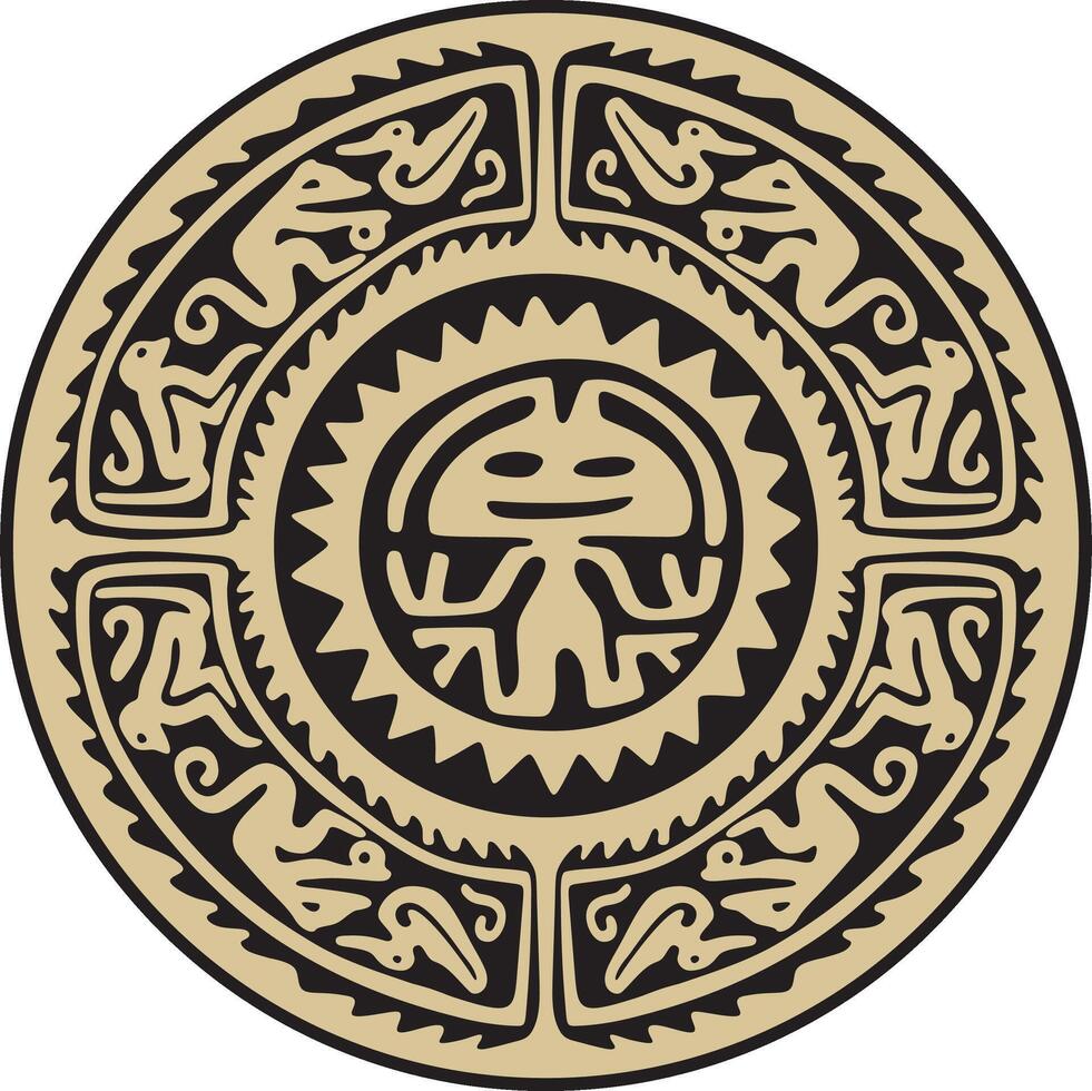 Native American round gold with black pattern. Geometric shapes in a circle. National ornament of the peoples of America, Maya, Aztecs, Incas vector