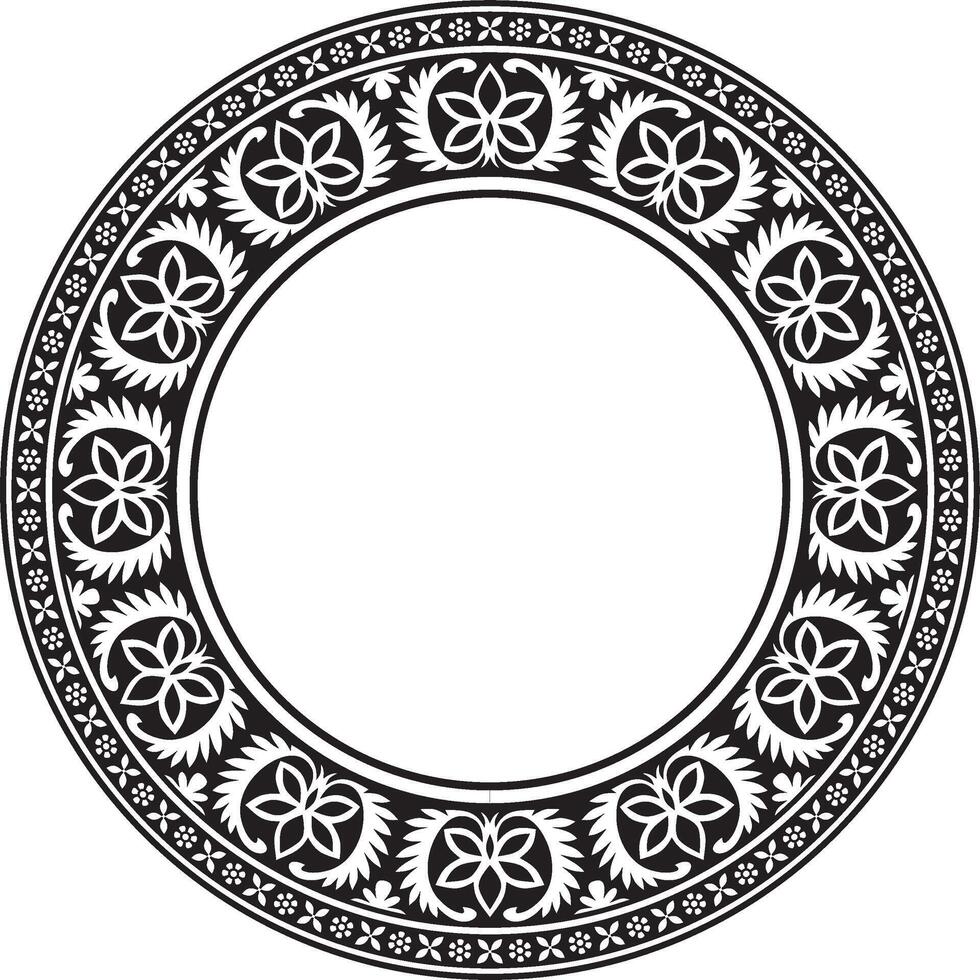 round monochrome black Indian national ornament. Ethnic plant circle, border. Frame, flower ring. Poppies and leaves. vector