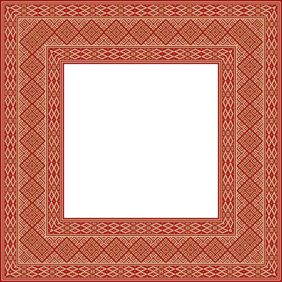 red gold square belarusian national ornament frame. Ethnic pattern rectangle of Slavic peoples, Russian, Ukrainian, Serb, Pole, Bulgarian. Cross stitch template vector