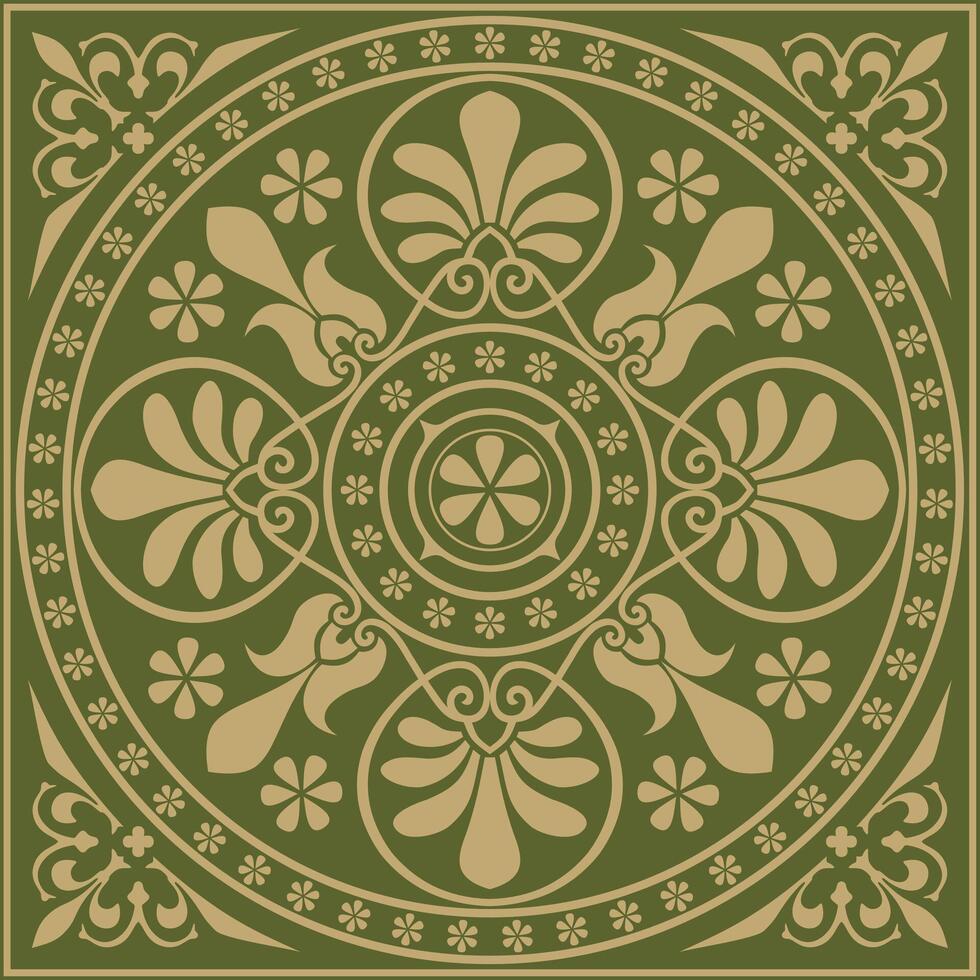 gold with green classic Greek square ornament. Rectangle of Ancient Greece and Roman Empire. Byzantine painting of walls, floors and ceilings. Decoration of European palaces. vector