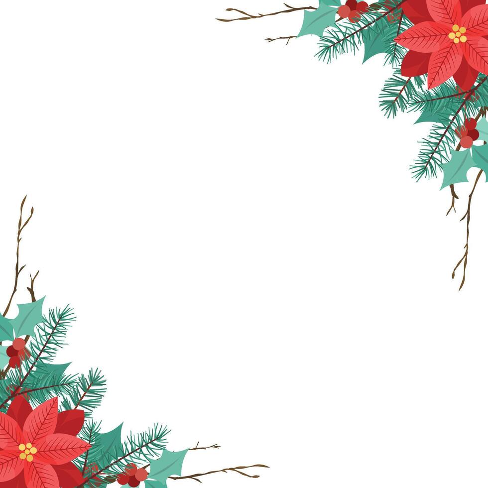 Christmas floral border with red poinsettias, mistletoe, red berries and fir branches. vector