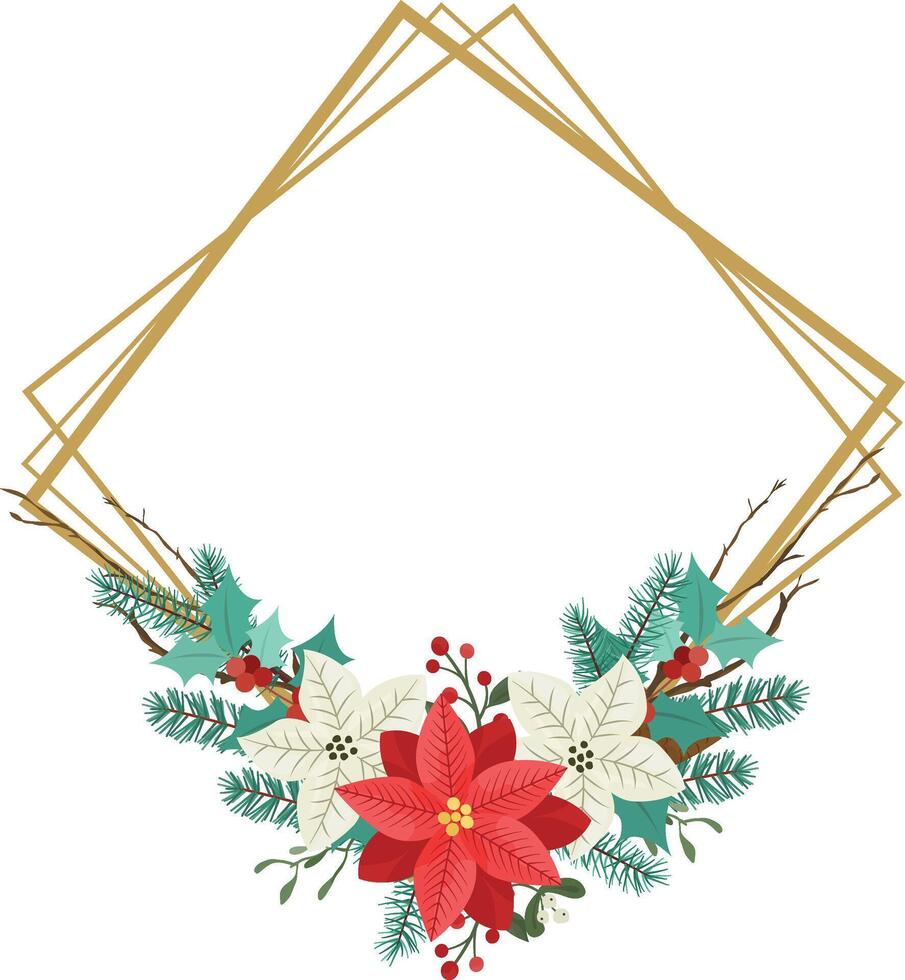 Christmas floral frame with red poinsettia, mistletoe, red berries and fir branches. vector