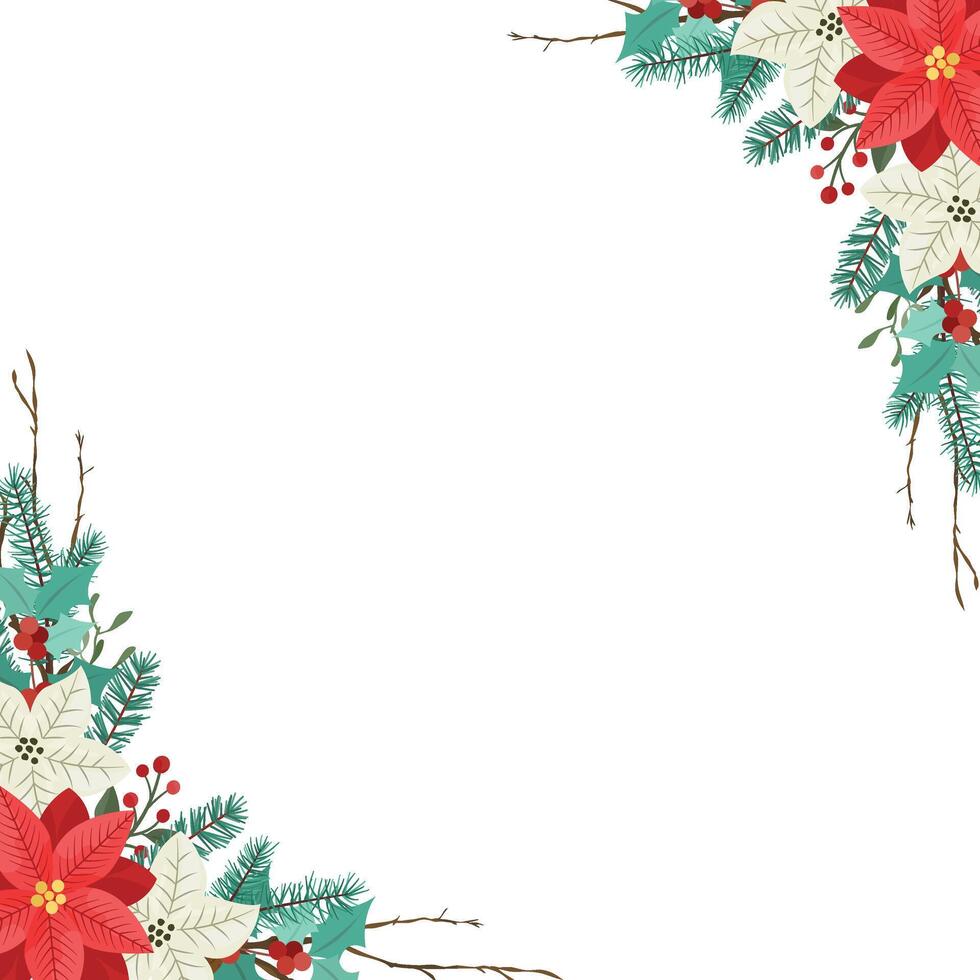 Christmas floral border with red poinsettias, mistletoe, red berries and fir branches. vector