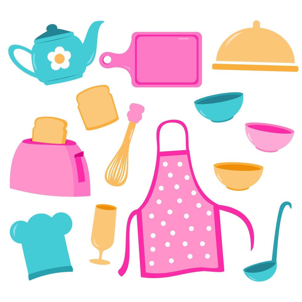 cute set colorful pink kitchenware utensils tools and baking ware illustration vector