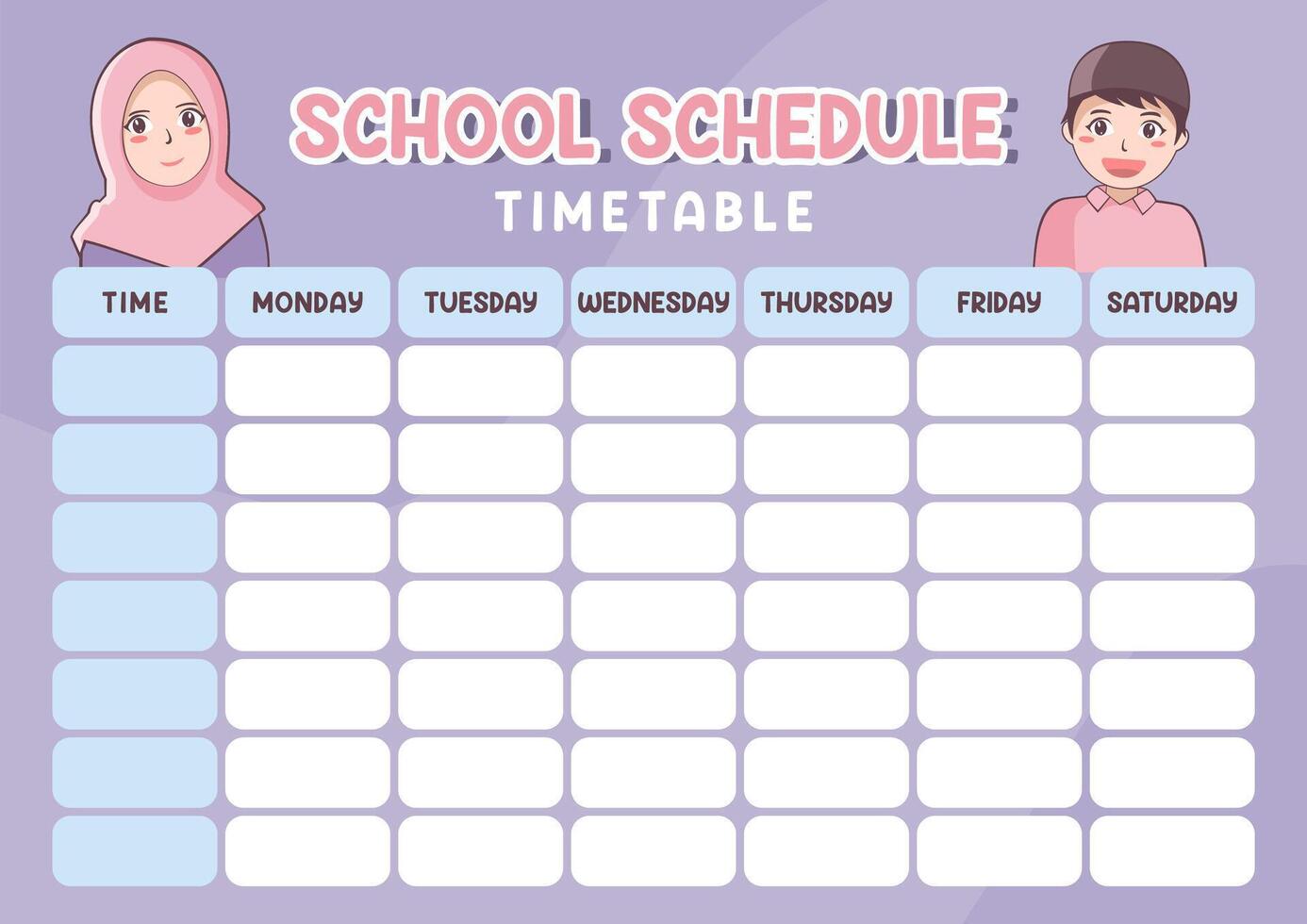 Printable template school schudule timetable class with kids muslim illustration vector