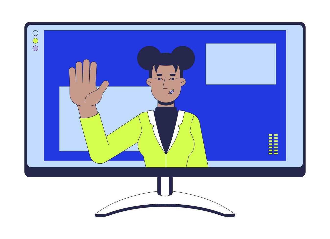 African american female employee computer monitor 2D cartoon object. Waving hand black woman conference pc screen isolated element flat clipart on white background. Spot illustration vector