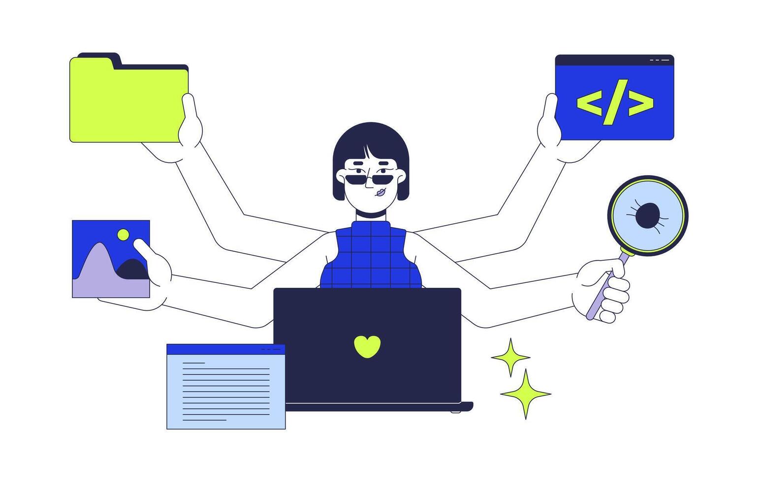 Full stack developer job 2D illustration concept. Frontend and backend engineer woman with multi hands cartoon character isolated on white. Coder programmer metaphor abstract flat graphic vector