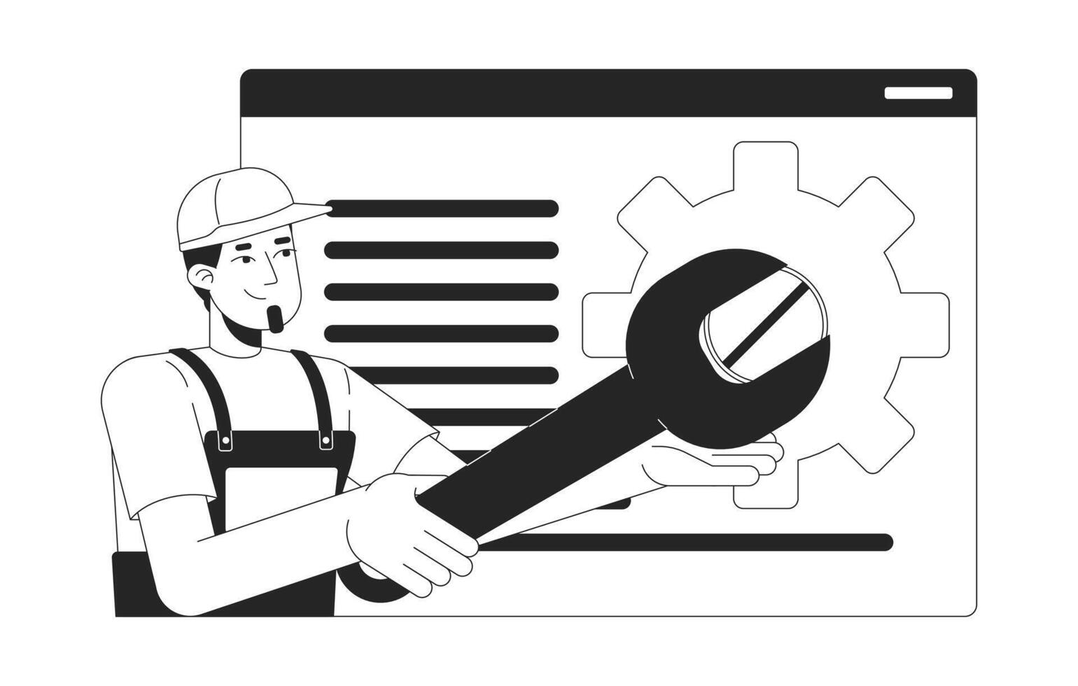 Web developer fixing website black and white 2D illustration concept. Programmer repairman spanner unscrew outline character isolated. Wrench webpage debugging metaphor monochrome art vector