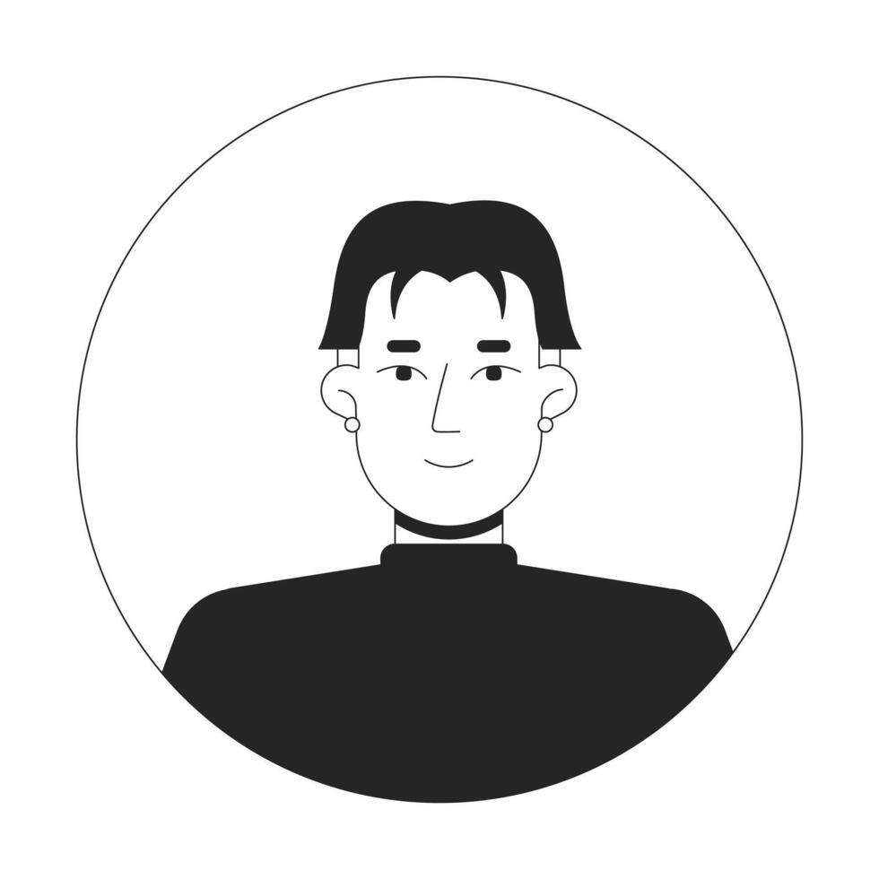 Middle part haircut korean man with stud earrings black and white 2D avatar illustration. Asian hairstyle guy turtleneck outline character face isolated. Round frame user profile image portrait vector