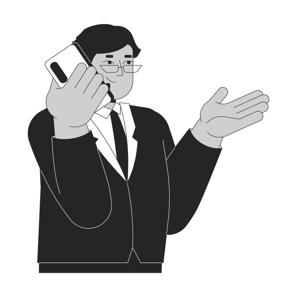 Middle aged arab man talking on phone black and white 2D line character. Middle eastern eyeglasses business manager call making isolated outline person. Monochromatic spot illustration vector