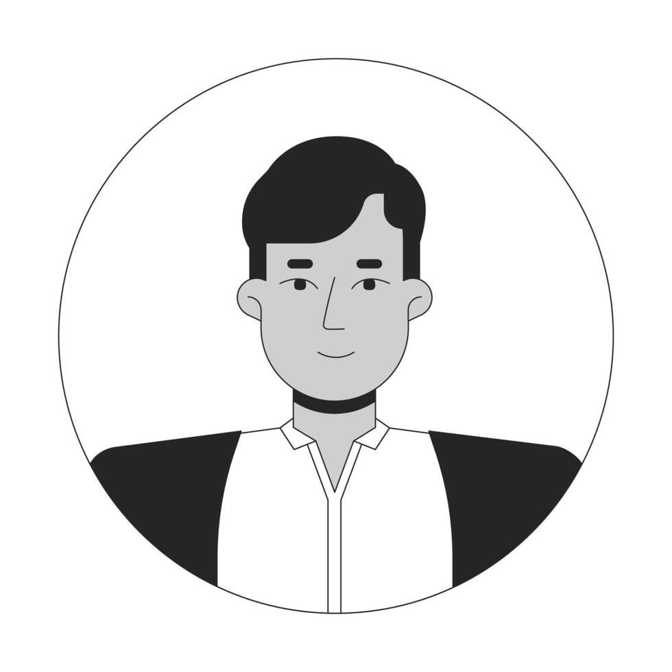 Demure indian man in cardigan with white shirt black and white 2D avatar illustration. South asian guy outline character face isolated. Head shoulders. Round frame user profile image portrait vector