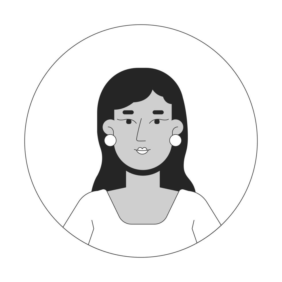 South asian woman with pearl earrings black and white 2D avatar illustration. Indian lady white blouse outline character face isolated. Head shoulders. Round frame user profile image portrait vector