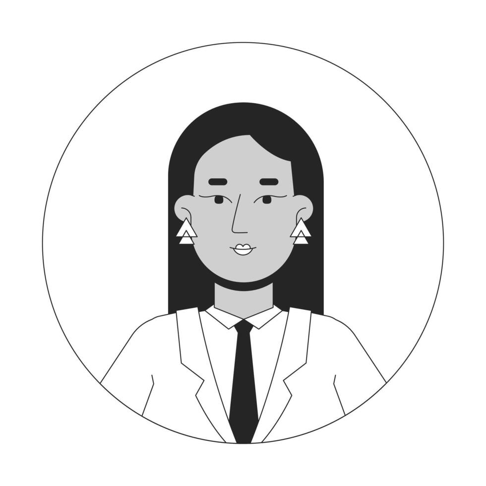 Modern middle eastern businesswoman black and white 2D avatar illustration. Office manager lady suit outline character face isolated. Head and shoulders. Round frame user profile image portrait vector