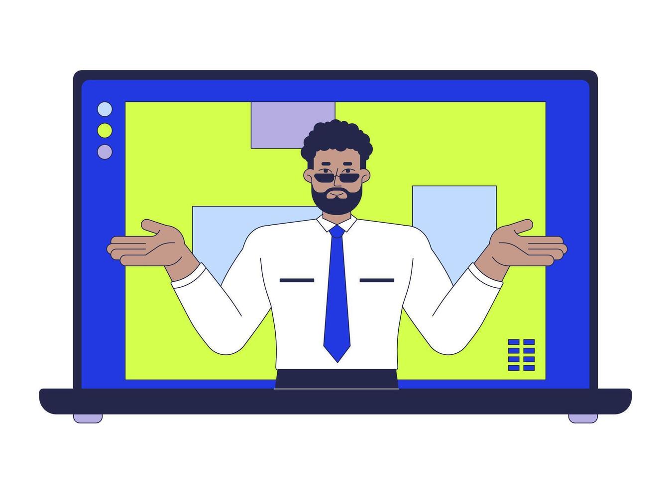 African american office manager laptop screen 2D cartoon object. Corporate boss hosting online meeting notebook device isolated element flat clipart on white background. Spot illustration vector
