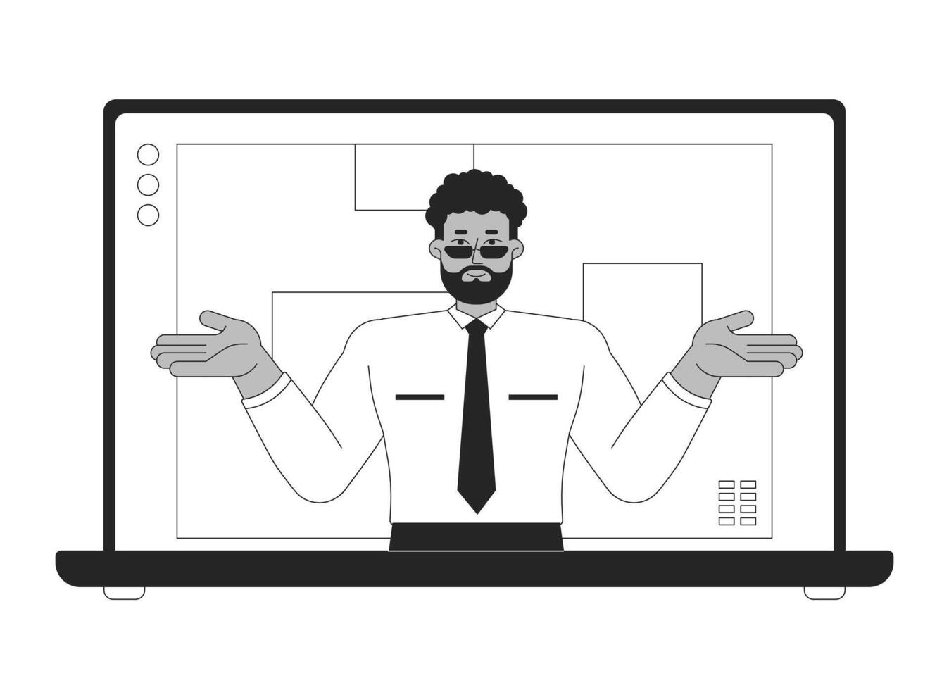 African american office manager laptop screen black and white 2D line object. Corporate boss hosting online meeting notebook isolated clip art outline item. Monochromatic spot illustration vector