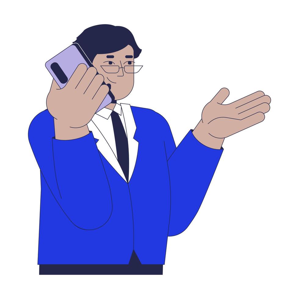 Middle aged arab man talking on phone 2D cartoon character. Middle eastern eyeglasses business manager call making isolated person flat on white background. Spot illustration colorful vector