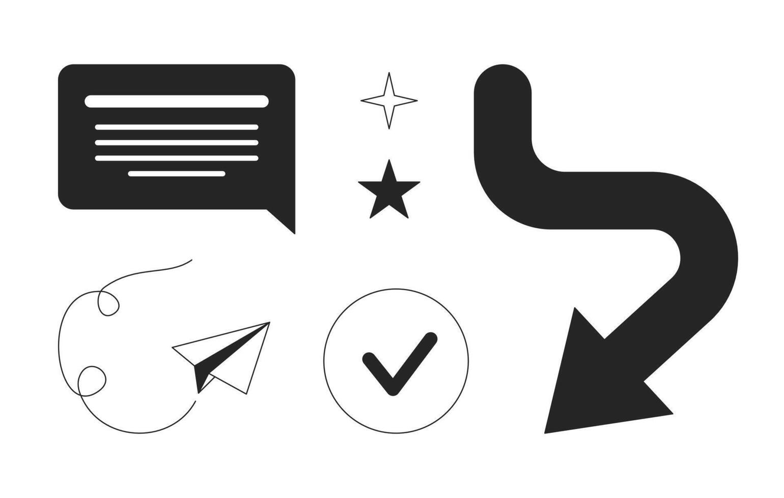 Office digital black and white 2D line objects set. Speech bubble. Paper plane flying. Arrow curved. Checkmark stars isolated clip arts outline items collection. Monochrome spot illustrations vector