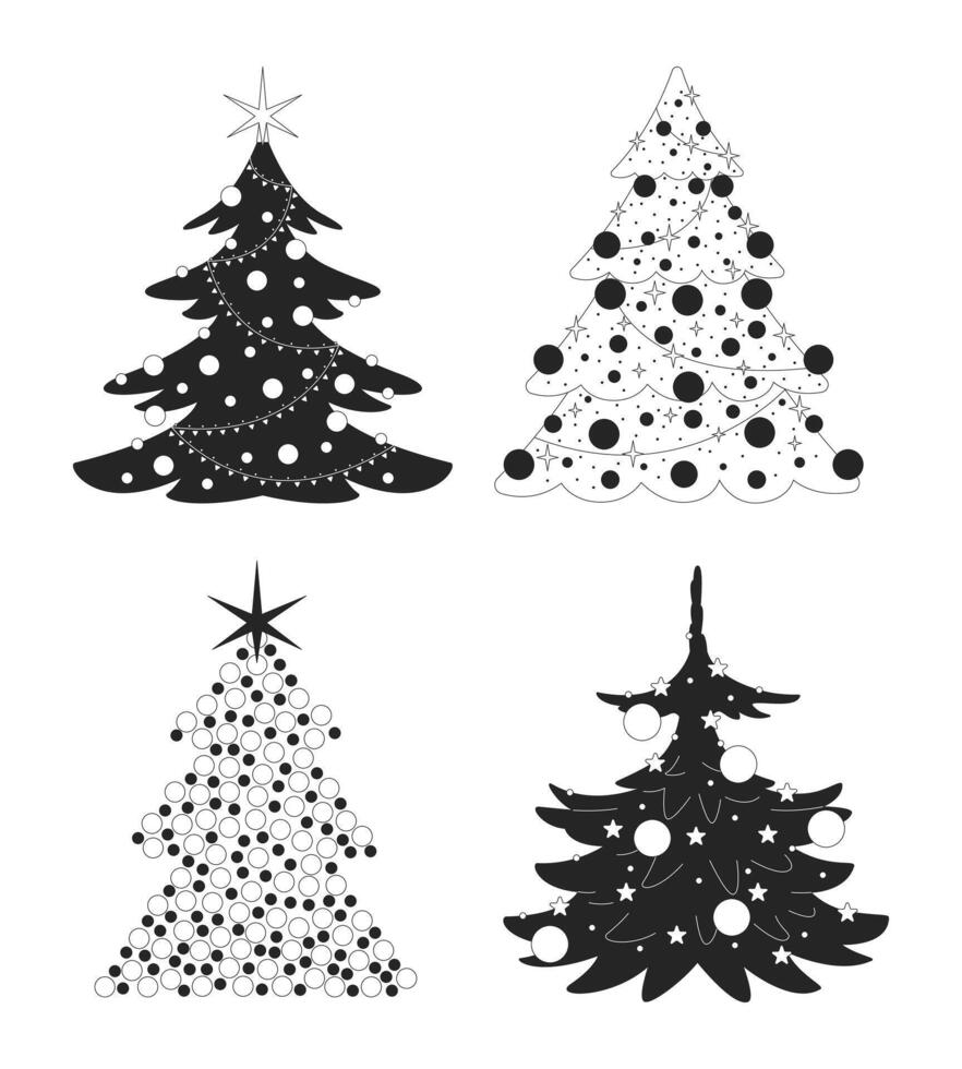 Baubles Christmas trees with stars sparkling black and white 2D line objects set. Evergreen coniferous. Christmastree isolated clip arts outline items collection. Monochrome spot illustrations vector