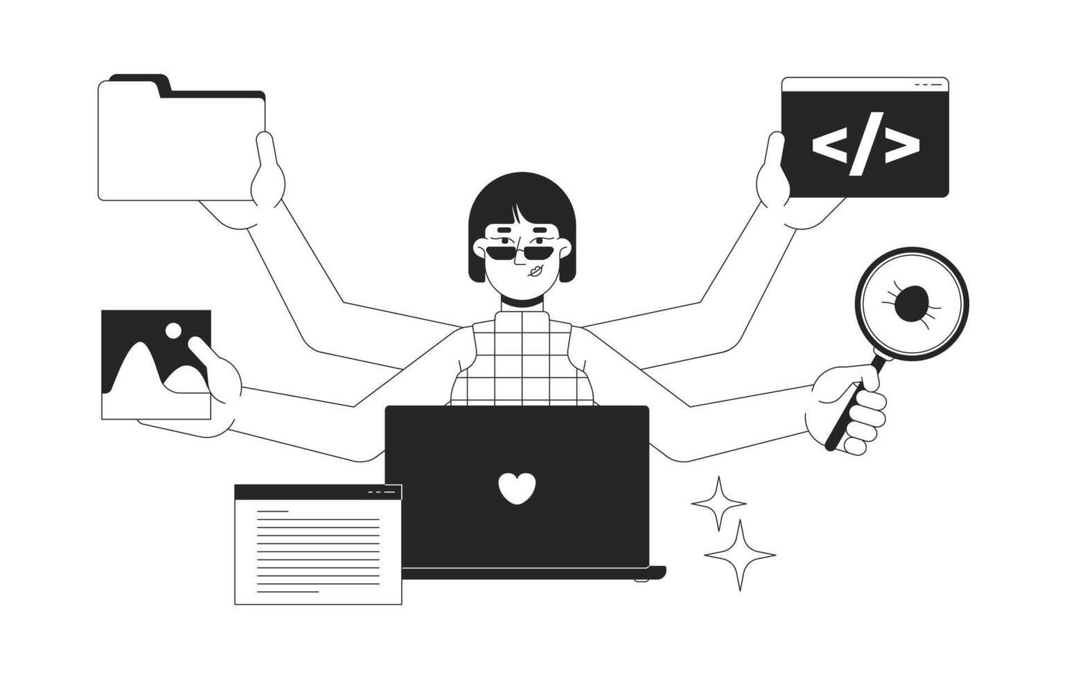 Full stack developer job black and white 2D illustration concept. Frontend and backend engineer woman with multi hands outline character isolated. Coder programmer metaphor monochrome art vector