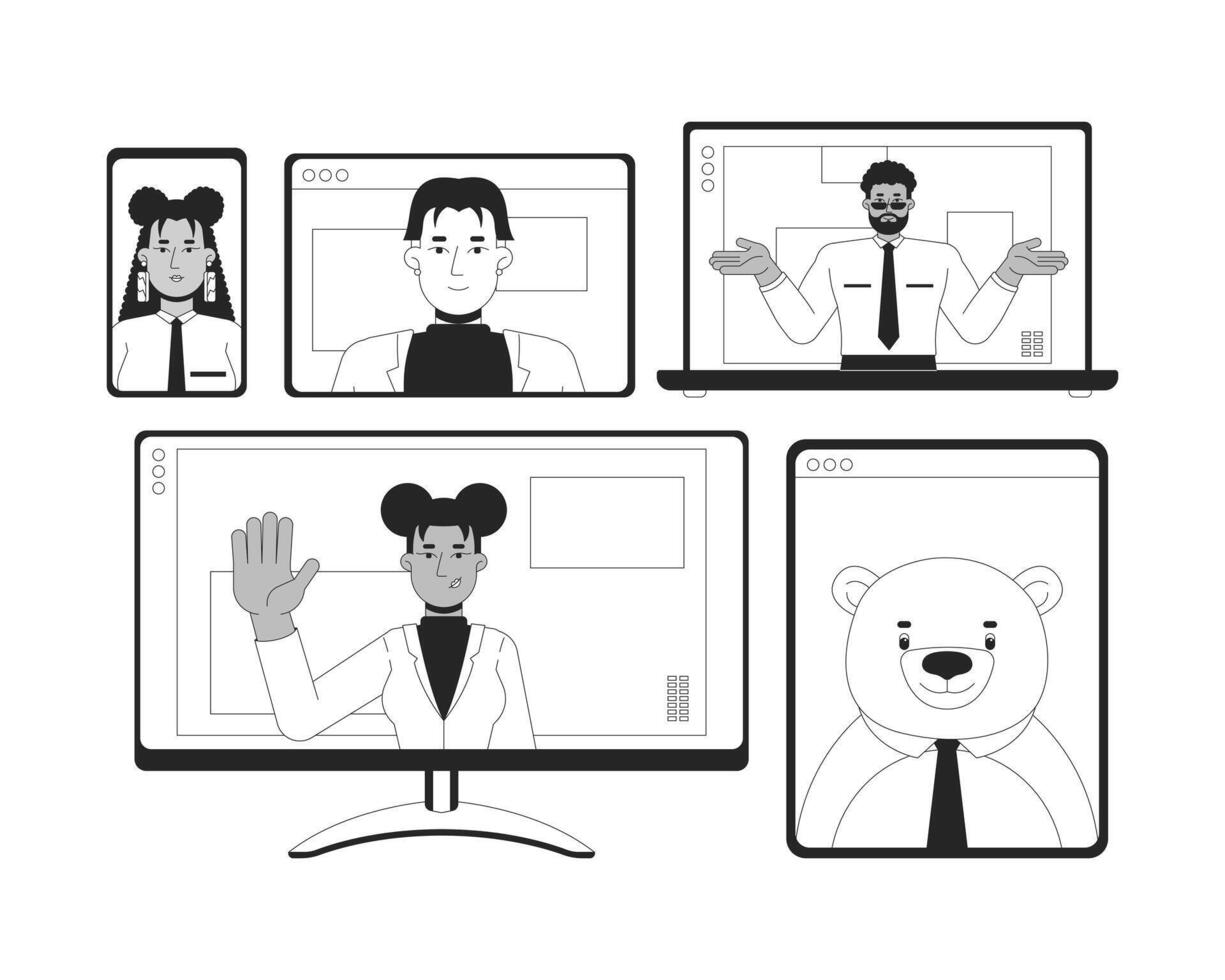 Online team meeting diversity black and white 2D illustration concept. Virtual colleagues telework outline characters isolated. Remote workers conference business metaphor monochrome art vector