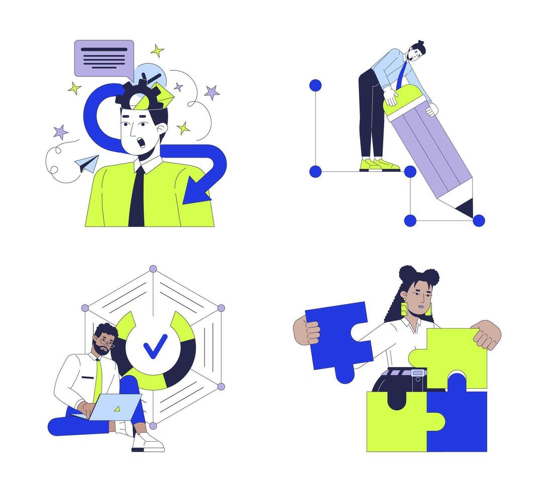 Innovative business people diverse 2D illustration concepts set. Successful entrepreneurs cartoon characters isolated on white. Corporate transformation metaphors abstract flat collection vector