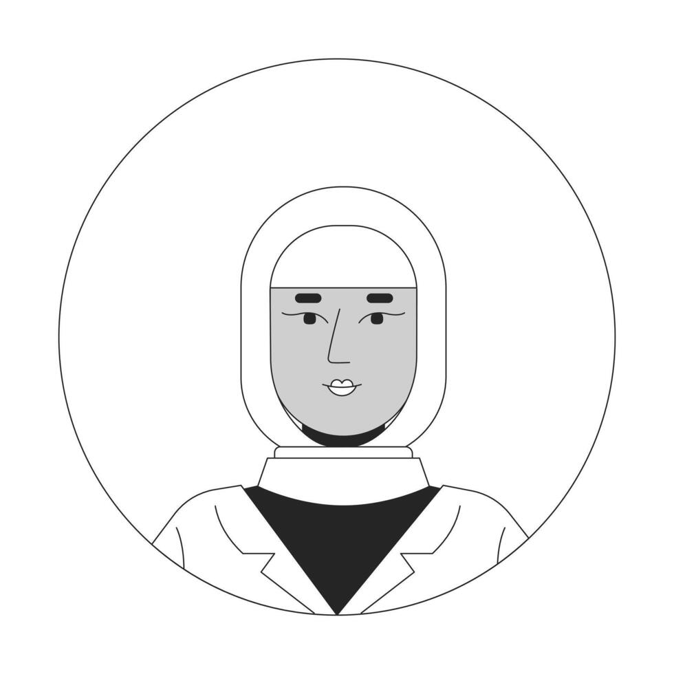 Muslim hijab lady smart casual black and white 2D avatar illustration. Headscarf female stylish outline character face isolated. Head and shoulders. Round frame user profile image portrait vector