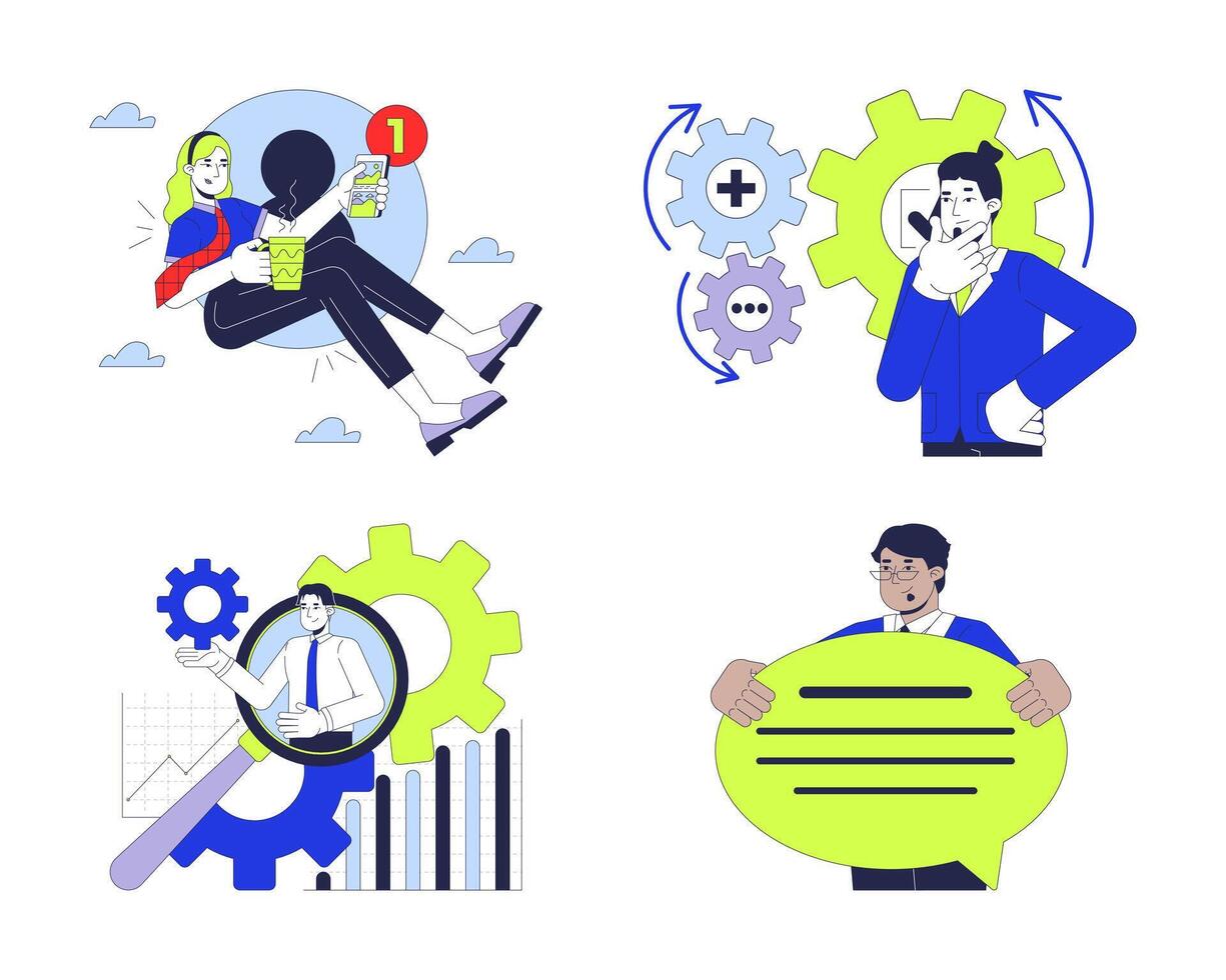 Digital business processes management 2D illustration concepts set. Entrepreneurs employees cartoon characters isolated on white. Enterprise technology metaphors abstract flat collection vector
