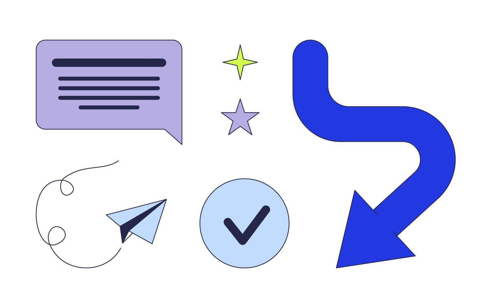 Office digital 2D cartoon objects set. Speech bubble. Paper plane flying. Arrow curved. Checkmark stars isolated elements flat cliparts on white background. Spot illustrations collection vector