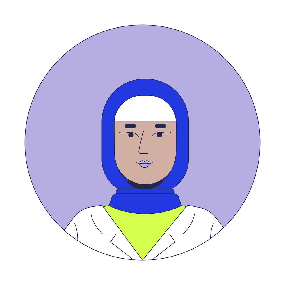 Muslim hijab lady smart casual 2D linear avatar illustration. Headscarf female stylish cartoon character face portrait. Head and shoulders. Round frame flat user profile color image isolated vector