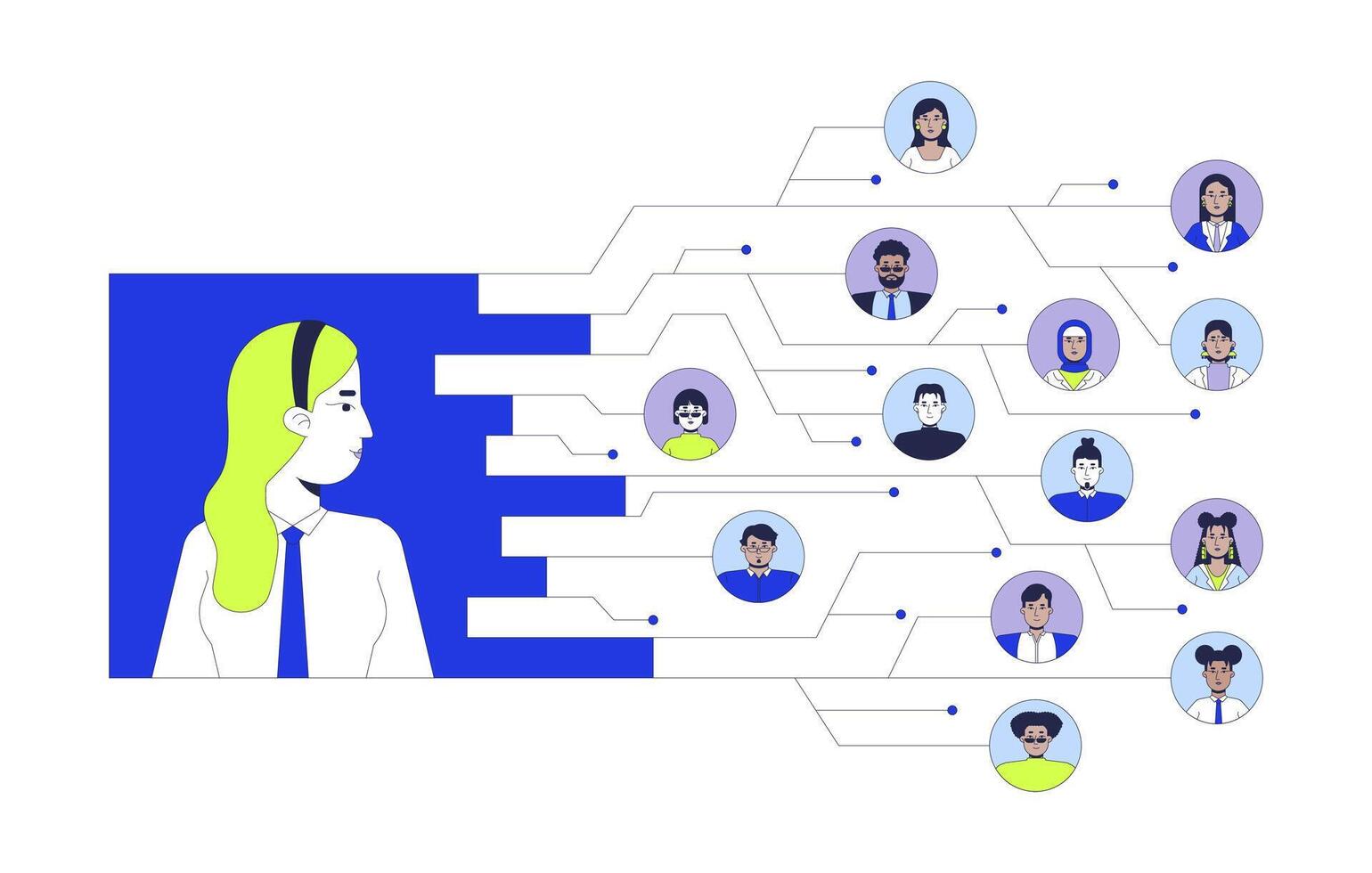 Digital transformation company 2D illustration concept. Leader employees. Corporate networking circuit lines cartoon character isolated on white. Digital business metaphor abstract flat graphic vector