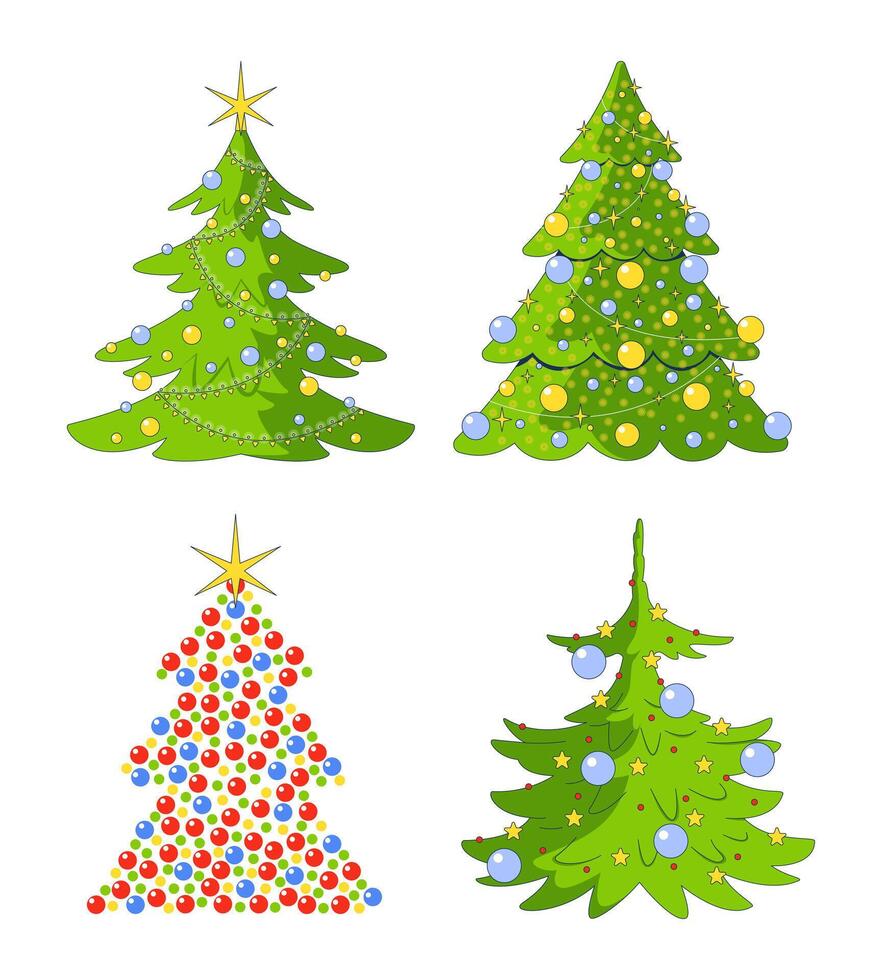 Baubles Christmas trees with stars sparkling 2D cartoon objects set. Pine evergreen coniferous. Christmastree isolated elements flat cliparts on white background. Spot illustrations collection vector