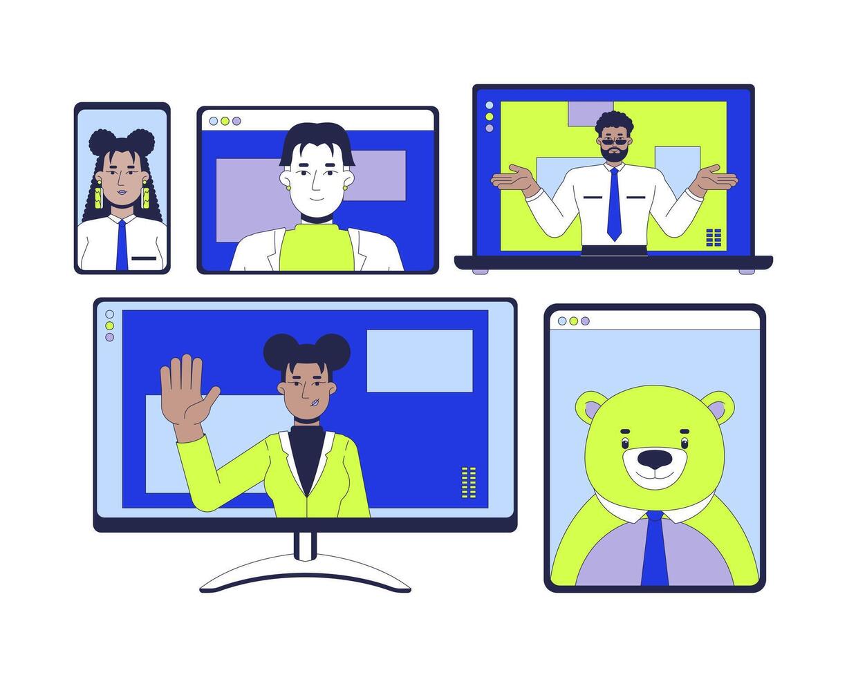Online team meeting diversity 2D illustration concept. Virtual colleagues telework cartoon characters isolated on white. Remote workers conference business metaphor abstract flat graphic vector