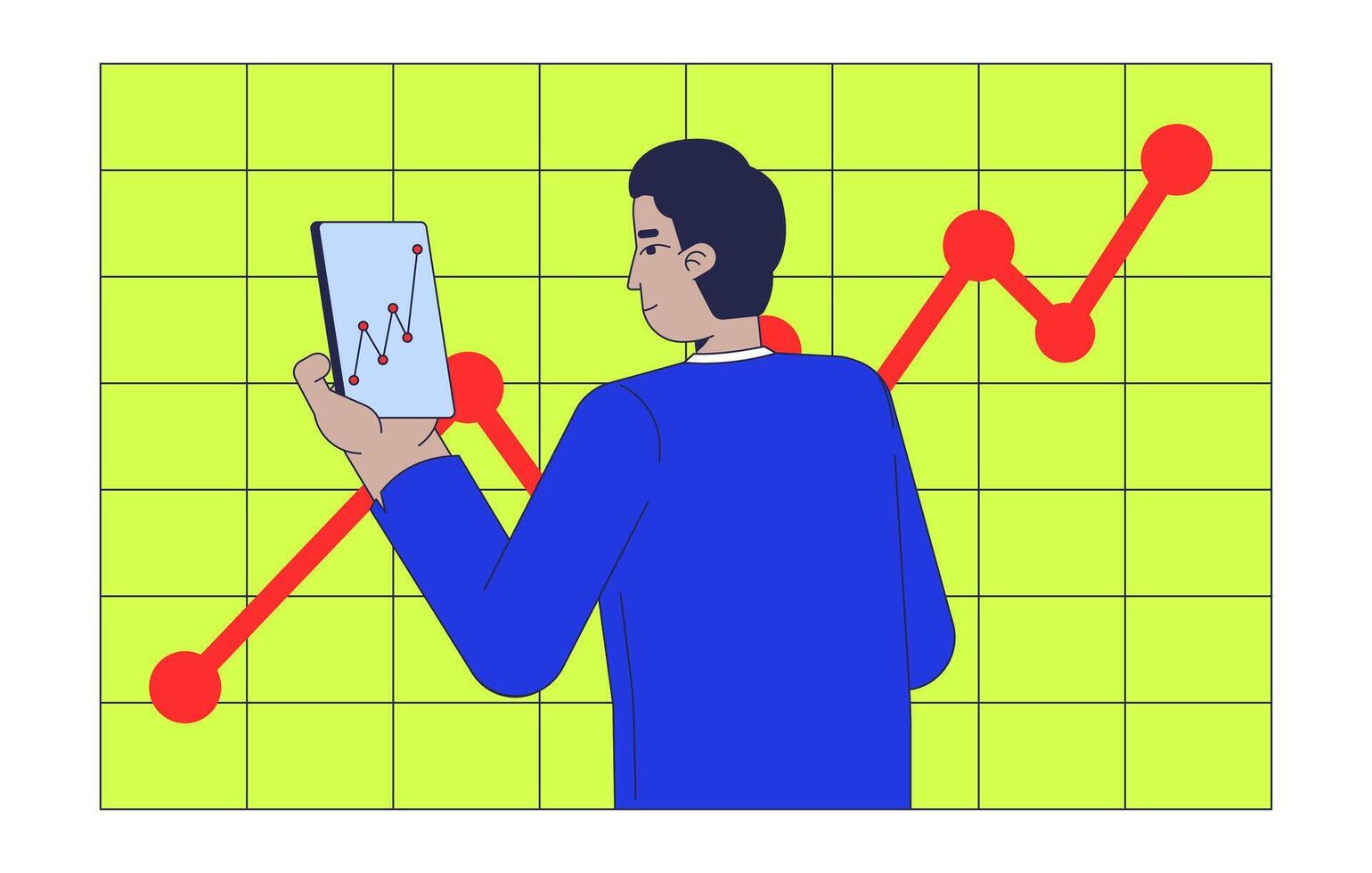 Monitoring sales growth 2D illustration concept. Analysis financial. Businessman checking phone statistics cartoon character isolated on white. Digital business metaphor abstract flat graphic vector