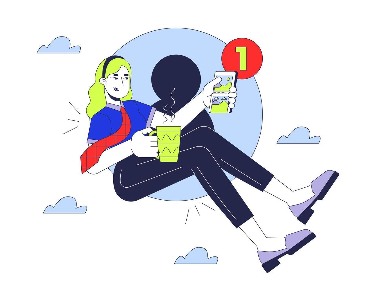 One new message notification 2D illustration concept. Coffee break business woman scrolling feed phone cartoon character isolated on white. Social media manager metaphor abstract flat graphic vector