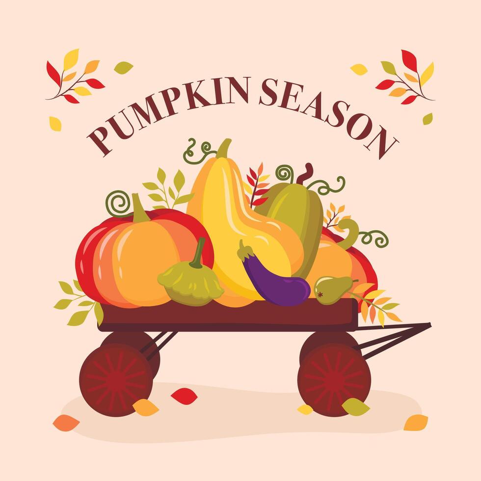 autumn cart with pumpkins and yellow leaves vector