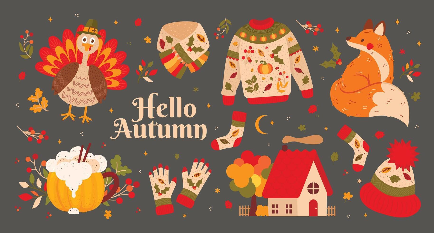 autumn poster with turkey, fox, house, sweater, socks, hat and pumpkin vector