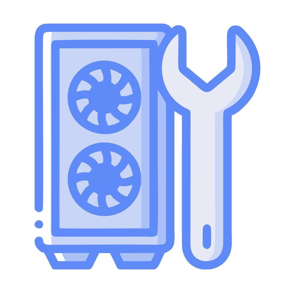 A blue icon of a computer with a wrench vector