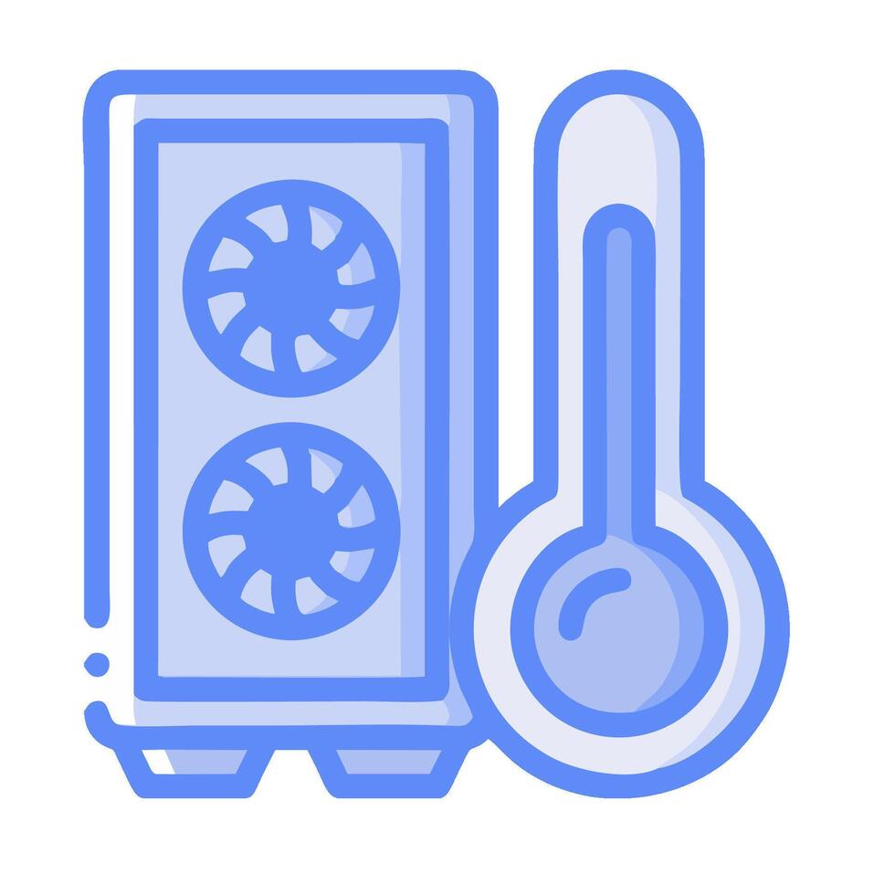 A blue and white icon of a computer and thermometer vector